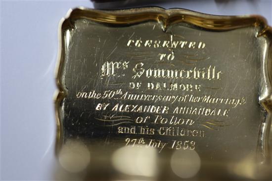 A mid 19th century unmarked gold (tests as 15ct) vinaigrette, in fitted box, 21.1 grams.